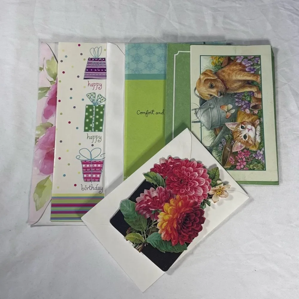 4 Assorted Greeting Card Bundle - Floral, Birthday, Holiday & Animal Designs